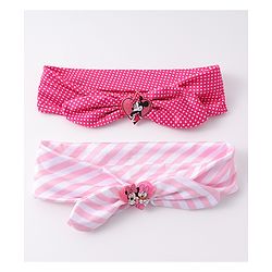 Babyhug Disney Free Size Headbands With Minnie Mouse Bow Applique Polka Dots & Striped Prints Pack of 2 - Fuchsia & Pink