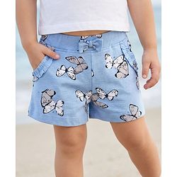 Babyhug Cotton Knit Shorts With Butterfly Print - Light Blue