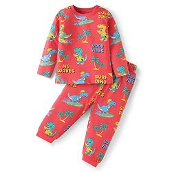 Babyhug Cotton Knit Full Sleeves Night Suit With Dino Print - Red