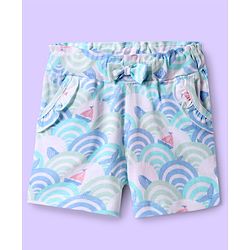 Babyhug Cotton Knit Mid Thigh Shorts with Beach Theme Print with Bow Applique - Light Blue