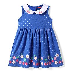 Babyhug Cotton Knit Sleeveless Peter Pan Collared Frock with Polka Dots & Cherry Print - Blue