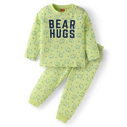 Babyhug Cotton Knit Full Sleeves Night Suit With Teddy Bear Print - Light Green