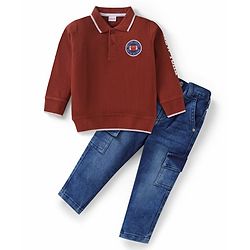 Babyhug Terry Knit Full Sleeves Polo T-Shirt & Denim Jeans Set with Text Print & Patch Detailing - Maroon & Blue