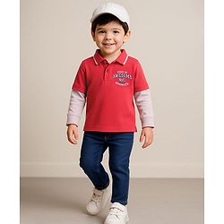 Babyhug Single Jersey Knit Full Doctor Sleeves T-Shirt & Full Length Denim Jeans Set - Red & Blue