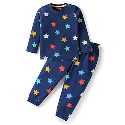 Babyhug Cotton Knit Full Sleeves Night Suit With Star Print - Navy Blue