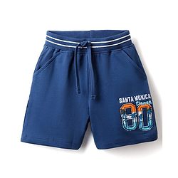 Babyhug Cotton Looper Knit Shorts with Beach Theme Embroidery - Navy Blue