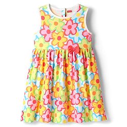 Babyhug Cotton Knit Sleeveless Frock With Floral Print & Bow Applique - White