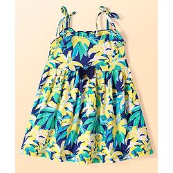 Babyhug Cotton Knit Sleeveless Dress With Tree Print & Bow Applique - Navy Blue & Green