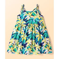 Babyhug Cotton Knit Sleeveless Dress With Tree Print & Bow Applique - Navy Blue & Green