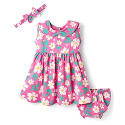Babyhug Cotton Knit Sleeveless Floral Printed Frock with Bloomer & Headband - Pink