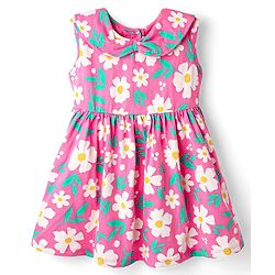 Babyhug Cotton Knit Sleeveless Floral Printed Frock with Bloomer & Headband - Pink