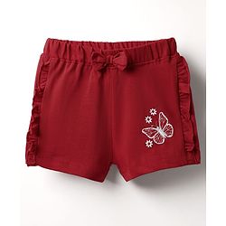 Babyhug Cotton Knit Shorts With Butterfly Embroidery & Bow Applique - Red