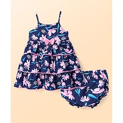 Babyhug Cotton Knit Singlet Frock & Blooomer with Floral Print Bow Applique - Navy Blue