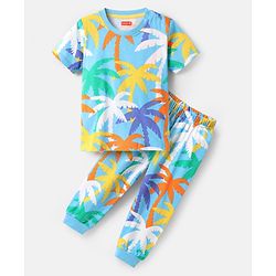 Babyhug Cotton Knit Half Sleeves Co-ords Night Suit with Coconut Tree Print - Light Blue