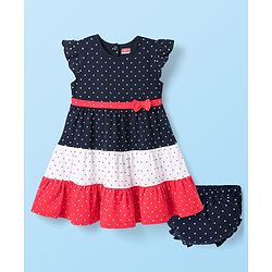 Babyhug Cotton Knit Frill Sleeves Frocks & Bloomers With Polka Dots Print - Navy Blue