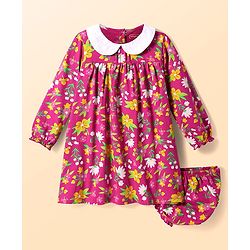 Babyhug Cotton Knit Full Peasant Sleeves Peter Pan Collared Frock with Bloomer & Floral Print - Dark Pink