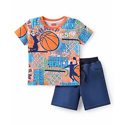 Babyhug Single Jersey Knit Half Sleeves T-Shirt & Denim Shorts Set With Basketball Print - Blue