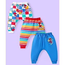 Babyhug Marvel Interlock Knit Full Length Diaper Leggings With Spider-Man Graphics Pack of 3 - Blue Red & White