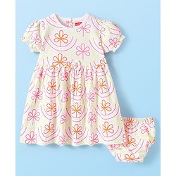 Babyhug Cotton Knit Half Puffed Sleeves Floral Printed Frock with Bow Applique & Bloomer - White