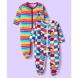 Babyhug Marvel Interlock Knit Full Sleeves Spider Man Graphics Sleep Suits Pack Of 2 - Blue & Red