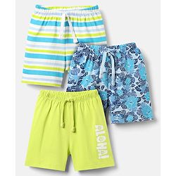 Babyhug Single Jersey Knit Striped Floral & Text Printed Shorts Pack Of 3 - Blue Light Green & Sky Blue