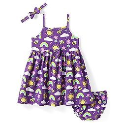 Babyhug Cotton Knit Sleeveless Floral Printed Frock With Bloomer & Headband - Purple