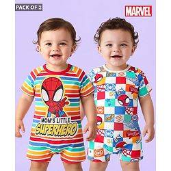 Babyhug Marvel Interlock Knit Half Raglan Sleeves Rompers With Spider-Man Graphics Pack of 3 - Blue Red & White