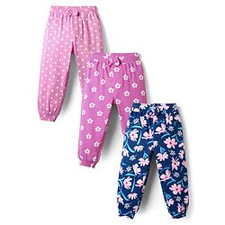 Babyhug Terry Knit Full Length Lounge Pants With Polka Dots & Floral Print Pack Of 3 - Pink Royal Blue & Plum