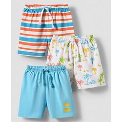 Babyhug Single Jersey Knit Shorts With Stripes & Beach Theme Print Pack Of 3 - Light Blue White & Orange