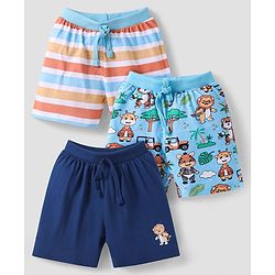 Babyhug Single Jersey Knit Shorts with Stripes & Animal Print Pack of 3 - Light Blue & Navy Blue