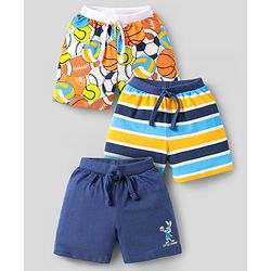 Babyhug Cotton Knit Shorts with Sports Theme Print & Stripes Pack of 3 - White & Navy Blue