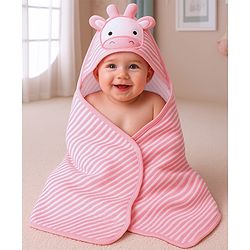 Babyhug Terry Knit Striped Hooded Towel With Cow Patch L 81 x B 75 cm - Pink