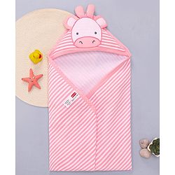 Babyhug Terry Knit Striped Hooded Towel With Cow Patch L 81 x B 75 cm - Pink