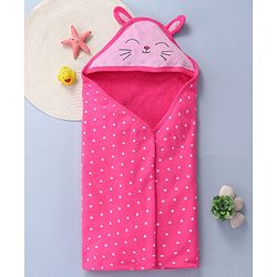 Babyhug Cotton Knit Hooded Towel With Bunny Ears Applique L 30 x B 30 cm - Pink