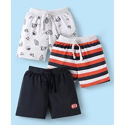 Babyhug 100% Cotton Single Jersey Knit Shorts with Stripes & Sport Theme Print Pack of 3 - Grey & Black
