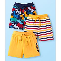 Babyhug Single Jersey Shorts with Stripes & Dino Print Pack of 3 - Yellow & Navy Blue