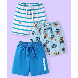 Babyhug Cotton Knit Knee Length Striped & Lion Printed Shorts Pack of 3 - Blue White & Light Blue