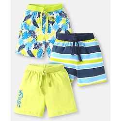 Babyhug Cotton Single Jersey Knit Striped Shorts With Leafy Print Pack of 3 - Lime Green & Navy