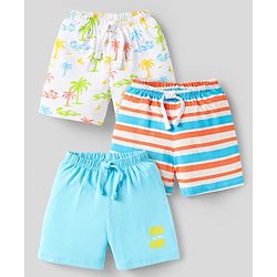 Babyhug Cotton Knit Shorts With Striped & Beach Theme Print Pack Of 3 - Light Blue Orange & Yellow