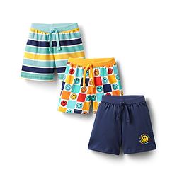 Babyhug Single Jersey Knit Shorts With Stripes & Smiley Print Pack Of 3 - Navy Blue Light Blue & Yellow