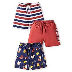 Babyhug Cotton Knit Shorts with Stripes & Animal Print Pack of 3 -Navy Blue & Maroon