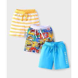 Babyhug Cotton Knit Shorts with Text Print & Stripes Pack of 3 - White Yellow & Light Blue