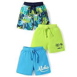 Babyhug Single Jersey Knit Shorts with Beach Theme Print Pack of 3 - Blue & Limegreen