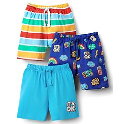 Babyhug Cotton Single Jersey Knit Shorts With Stripes & Rainbow Print Pack Of 3 - Light Blue Navy Blue & Yellow