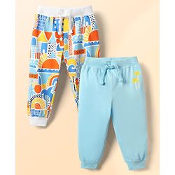 Babyhug Terry Knit Full Length Lounge Pant With Abstract Print Pack Of 2 - Light Blue & Blue