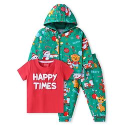 Babyhug Terry Knit  Full Sleeves Hooded Jacket with Happy Times Printed T-Shirt & Lounge Pants with Animal Print - Green & Red