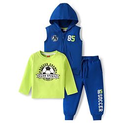 Babyhug Terry Knit Full Sleeves T-Shirt & Lounge Pant Set with Hooded Sweatjacket & Soccer Print - Blue