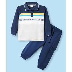 Babyhug Terry Knit Full Sleeves Cut & Sew Polo T-Shirt & Lounge Pant Set with Text Print - Navy Blue