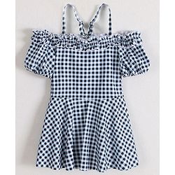 Babyhug Cold Shoulder Sleeves Checks Frock Swimsuit - Black & White