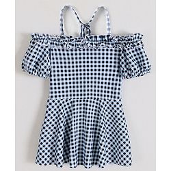 Babyhug Cold Shoulder Sleeves Checks Frock Swimsuit - Black & White